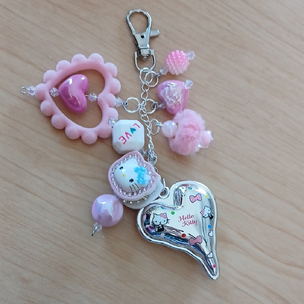 Hello Kitty Pink and Silver Toned Heart Charm Keychain-NWOT